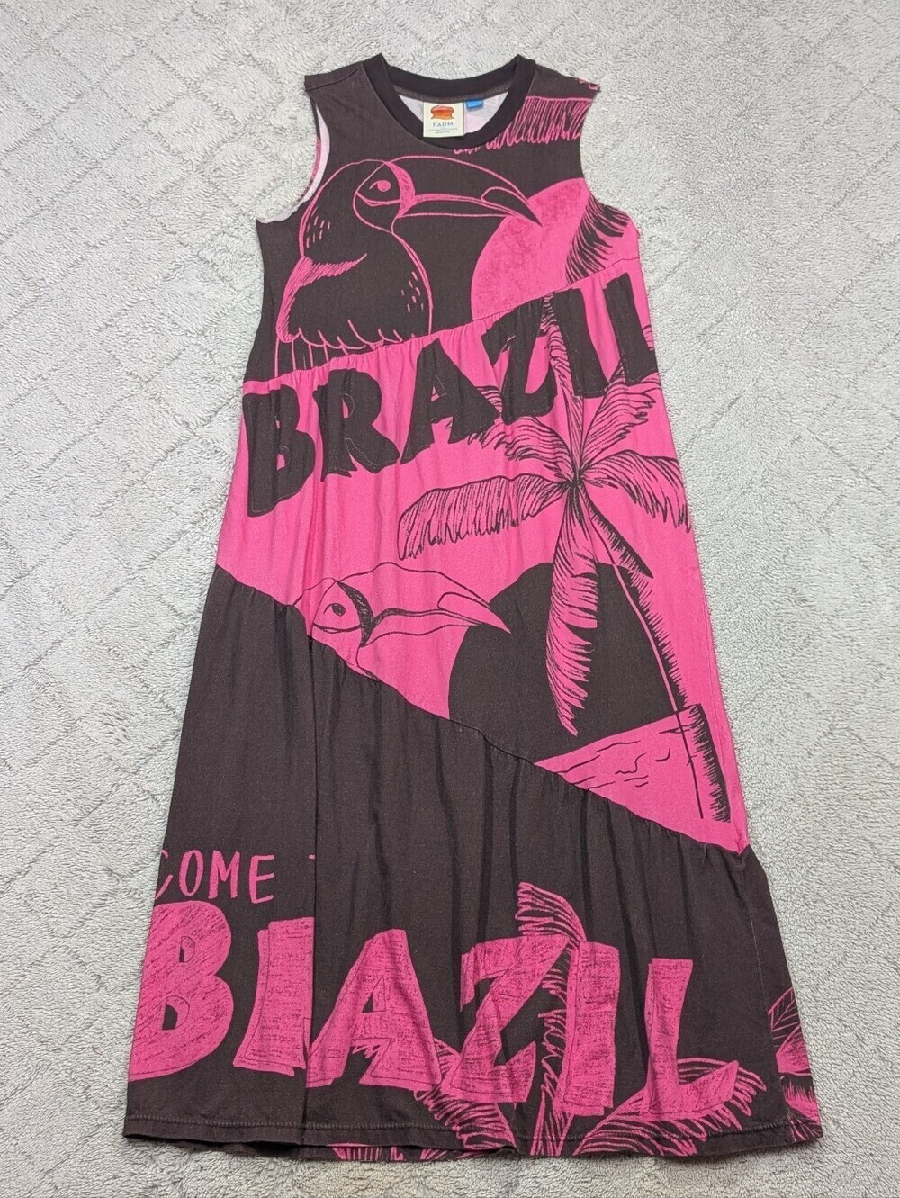 Farm Rio Dress Womens XS Pink Brown Graphic Tank Brazil Toucan Beach Travel Midi